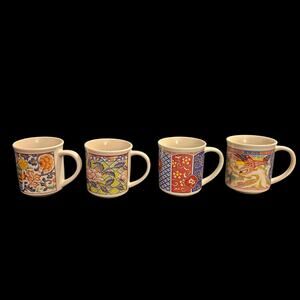 Set of 4 Asian Inspired Coffee Mugs Dragon Floral Patchwork Multicolor Ceramic